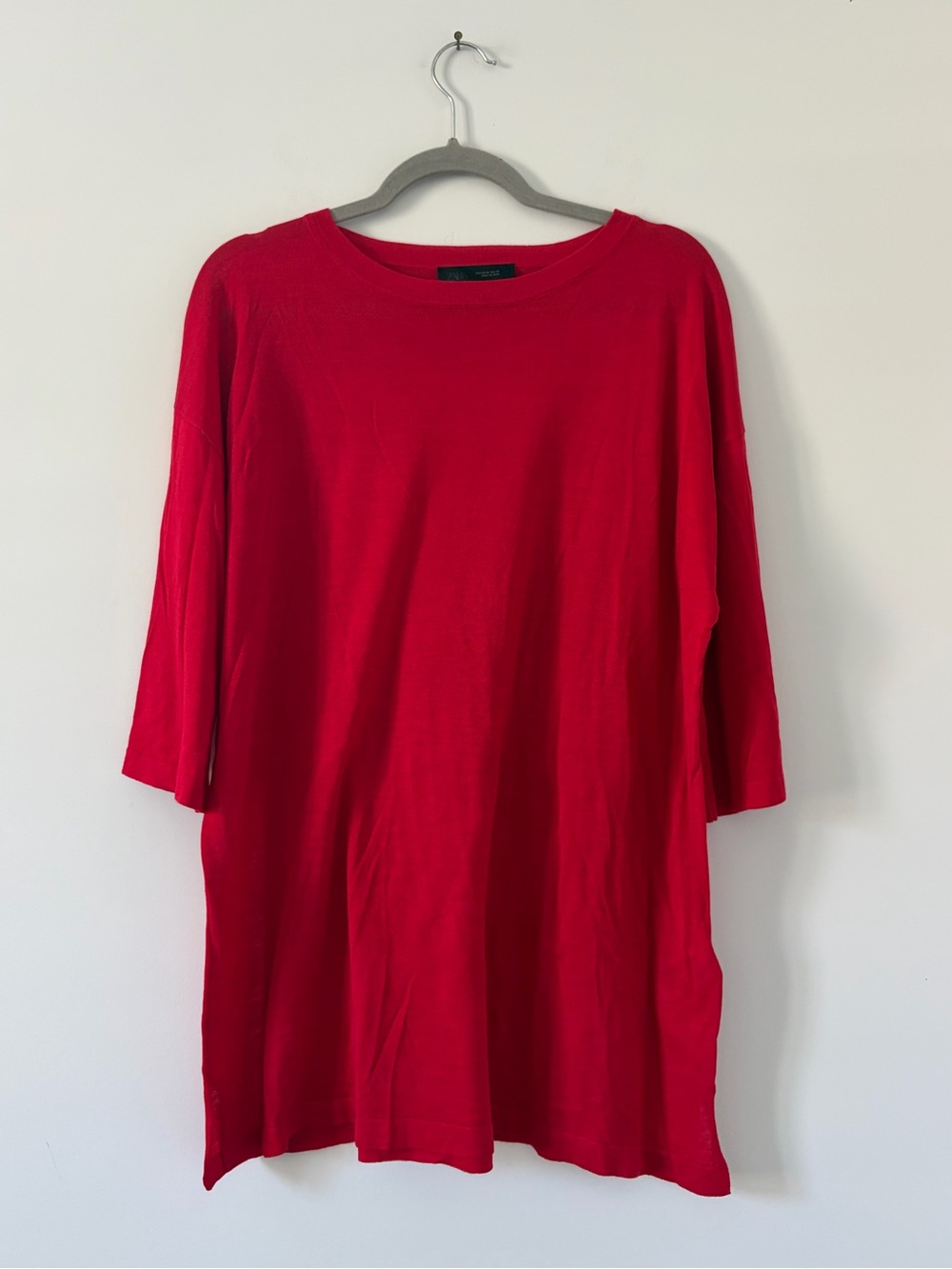 Zara Red Knit Silk Lyocell Elbow Length Sleeve Oversized Tunic Blouse Medium